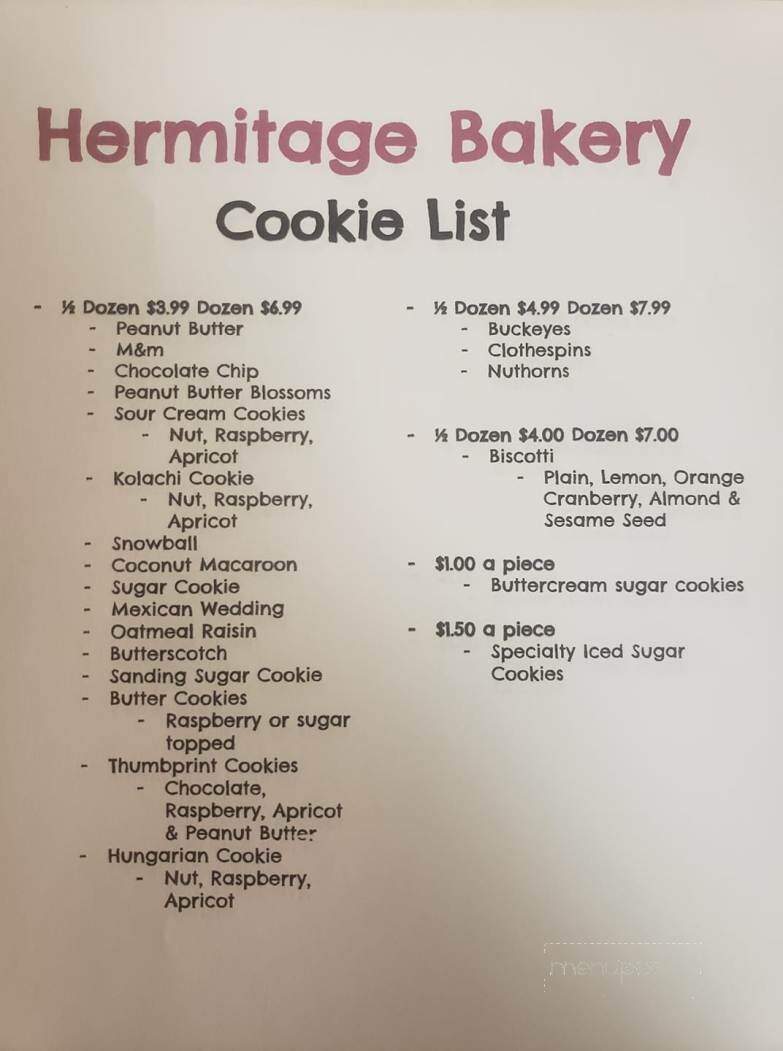 Hermitage Bakery menu 1